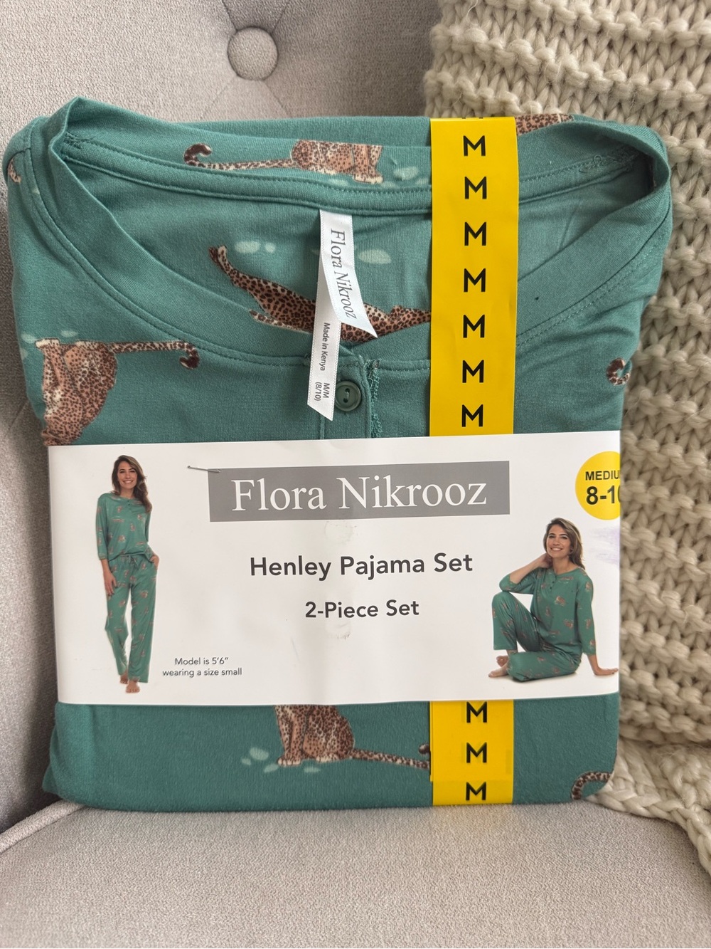 Flora Nikrooz Teal Henley Pajama Set with Leopard Motif